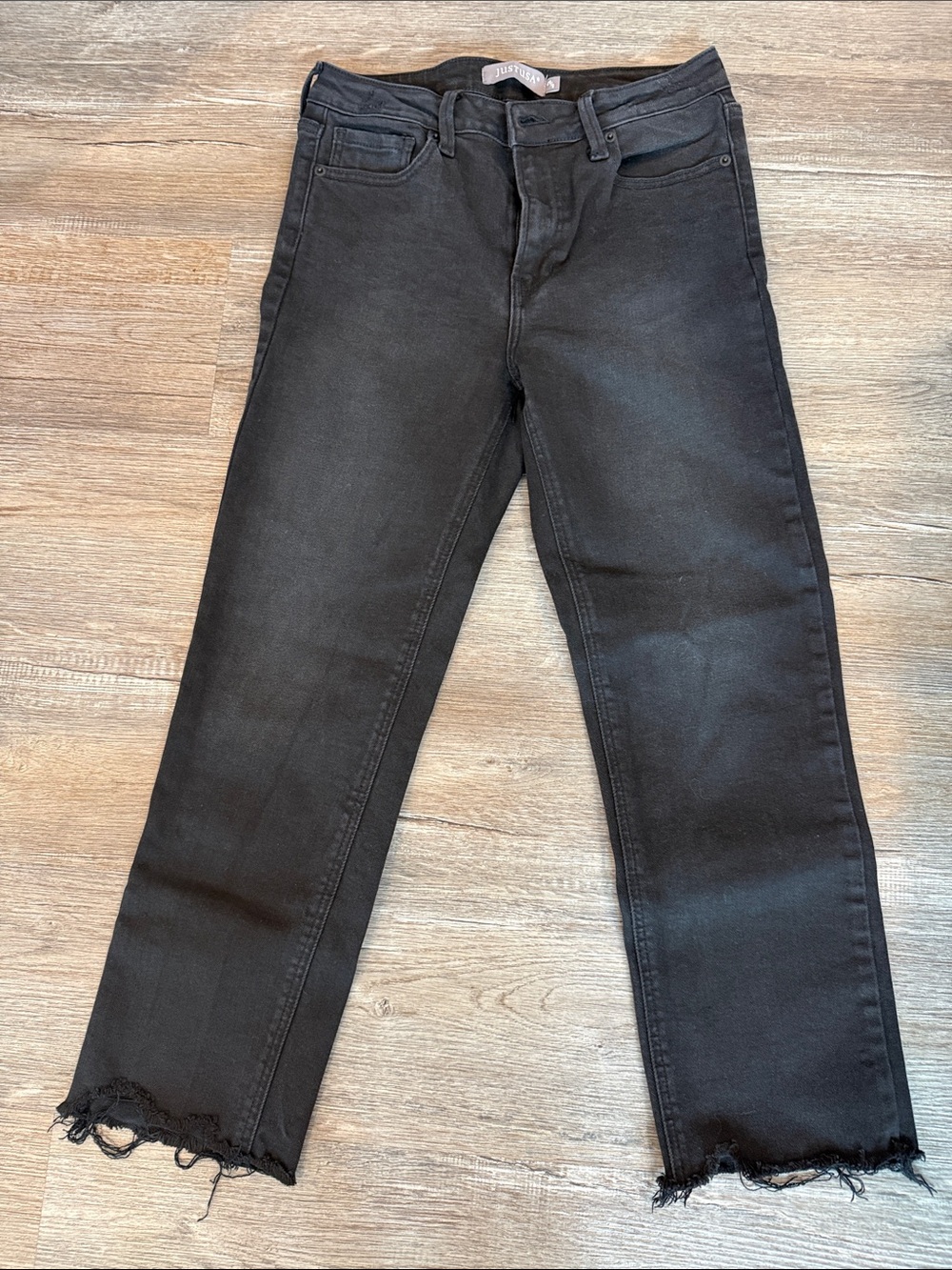 Just USA Black High-Rise Straight Crop Jeans with Frayed Hem